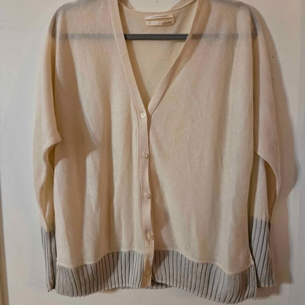 By Anthropologie Size Medium Sheer Sparkly Beige Cardigan w Silver Ribbed Trim